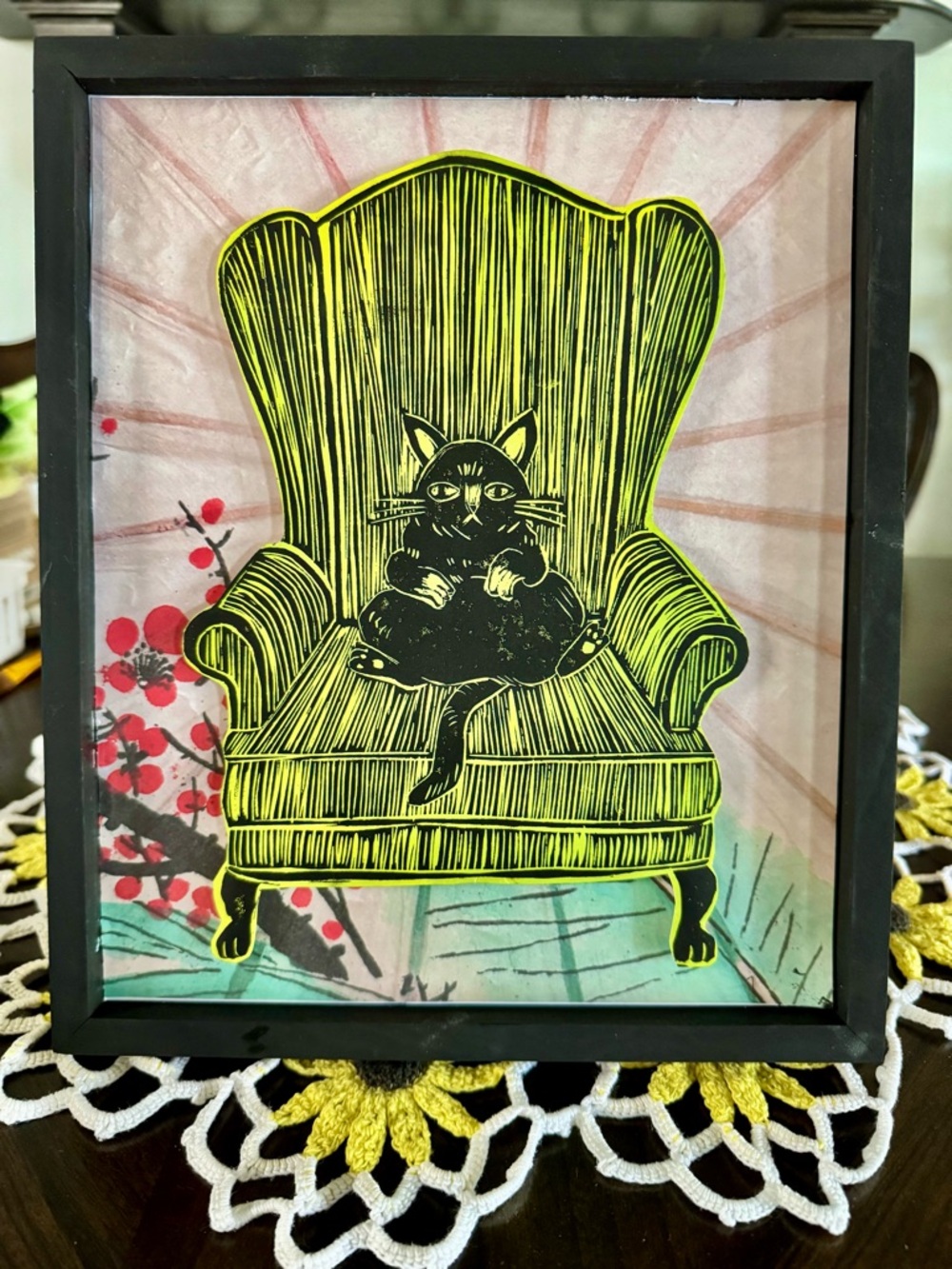 Original Art Blue Cat is a linocut print, frame is 9”x 11” one of a kind piece
